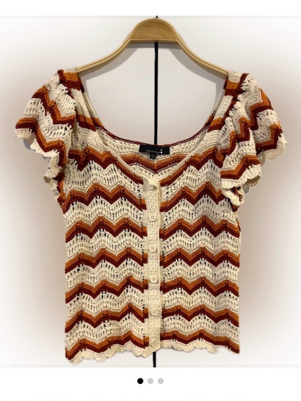 Broadway38 Button-Front Crochet Top in Cream and Brown and orange